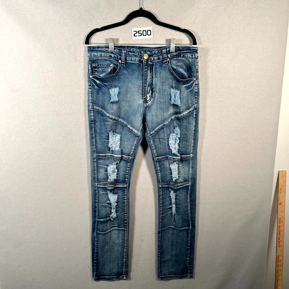Argonaut Moto Biker Jeans Mens 34x32 Blue Denim Slim Ripped Distressed Stretch